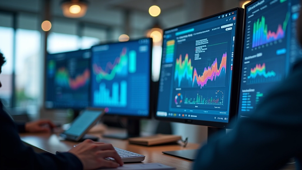 Veri analitik ofis ortamında duygu analizi yazılımı kullanımı, ekranda sosyal medya metrikleri ve duygu puanları görünüyor