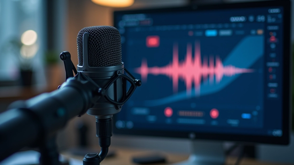Mikrofon ve ses dalgaları, konuşma tanıma teknolojisi görseli, modern ses işleme ekranı